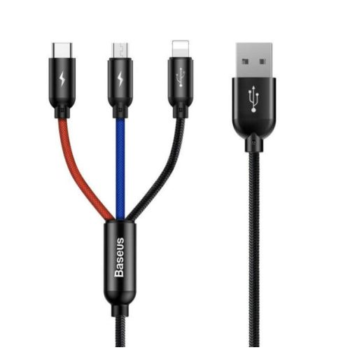 Baseus 3 az 1-ben USB-C / Lightning / MicroUSB kábel 3A 1,2 m, fekete