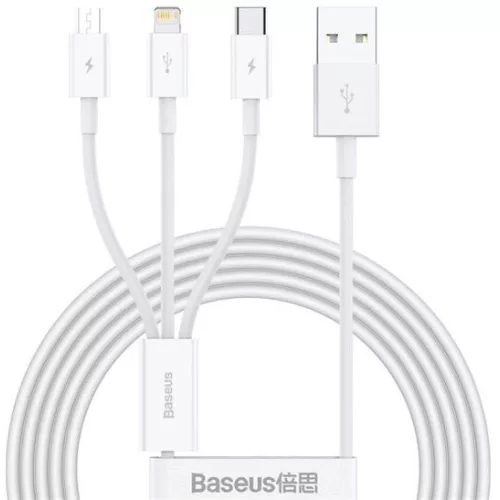 Baseus Superior 3 az 1-ben USB-kábel, USB-mikroUSB / USB-C / Lightning, 3.5A  1,5 m, fehér