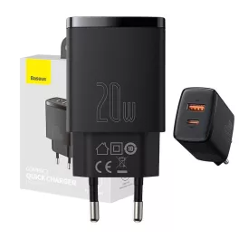   Baseus Compact hálózati töltő USB Type-C / USB-A 20W 3A QC3.0, Fekete